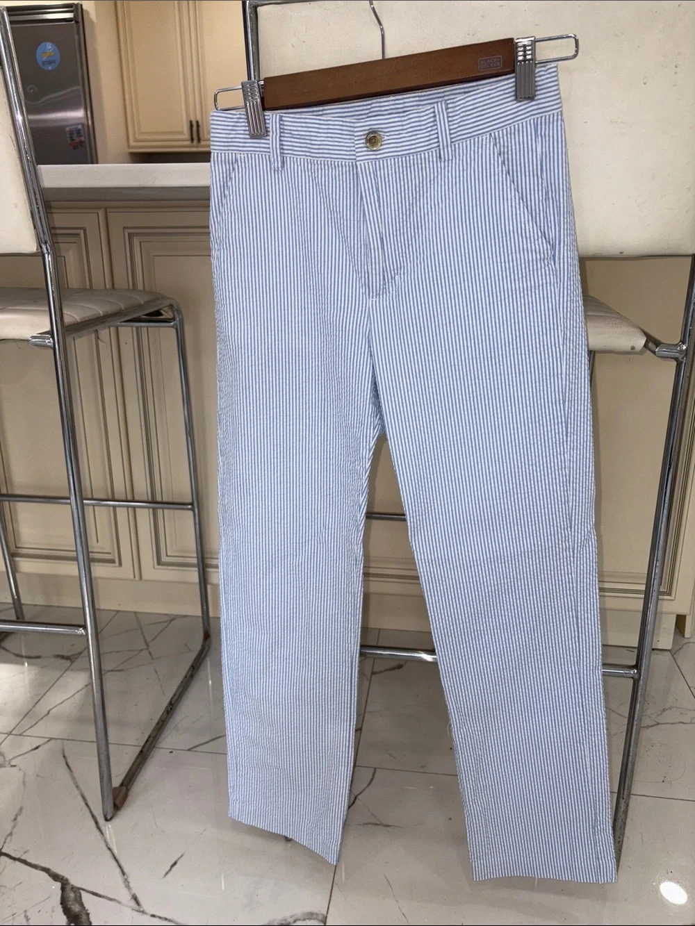 Light Blue & White Seersucker Straight-Leg Pants